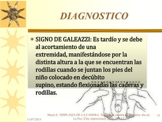 DIAGNOSTICO
SIGNO DE GALEAZZI: Es tardío y se debe
al acortamiento de una
extremidad, manifestándose por la
distinta altura a la que se encuentran las
rodillas cuando se juntan los pies del
niño colocado en decúbito
supino, estando flexionadas las caderas y
rodillas.
11/07/2013
11Mazzi E. DISPLASIA DE LA CADERA. Texto de la cátedra de Pediatría. 4ta ed.
La Paz; Elite impresiones; 2010: 312-17
 