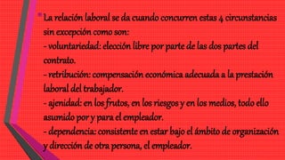 •La relación laboral se da cuando concurren estas 4 circunstancias
sin excepción como son:
- voluntariedad: elección libre por parte de las dos partes del
contrato.
- retribución: compensación económica adecuada a la prestación
laboral del trabajador.
- ajenidad: en los frutos, en los riesgos y en los medios, todo ello
asumido por y para el empleador.
- dependencia: consistente en estar bajo el ámbito de organización
y dirección de otra persona, el empleador.
 