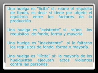 Una huelga es “lícita” si: reúne el requisito de fondo, es decir si tiene por objeto el equilibrio entre los factores de la producción.Una huelga es “existente” si: reúne  los requisitos  de fondo, forma y mayoría Una huelga es “inexistente”  si le faltaron los requisitos de fondo, forma o mayoría.Una huelga es “ilícita” si: la mayoría de los huelguistas ejecutan actos violentes contra las personas.