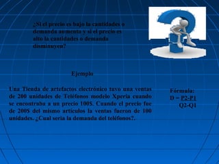 ¿Si el precio es bajo la cantidades o
demanda aumenta y si el precio es
alto la cantidades o demanda
disminuyen?

Ejemplo
Una Tienda de artefactos electrónico tuvo una ventas
de 200 unidades de Teléfonos modelo Xperia cuando
se encontraba a un precio 100$. Cuando el precio fue
de 200$ del mismo artículos la ventas fueron de 100
unidades. ¿Cual seria la demanda del teléfonos?.

Fórmula:
D = P2-P1
Q2-Q1

 