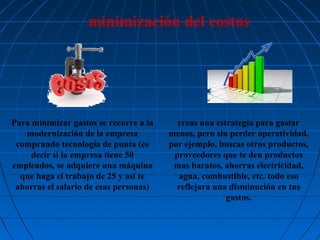 minimización del costos

Para minimizar gastos se recurre a la
modernización de la empresa
comprando tecnología de punta (es
decir si la empresa tiene 50
empleados, se adquiere una máquina
que haga el trabajo de 25 y así te
ahorras el salario de esas personas)

creas una estrategia para gastar
menos, pero sin perder operatividad,
por ejemplo, buscas otros productos,
proveedores que te den productos
mas baratos, ahorras electricidad,
agua, combustible, etc. todo eso
reflejara una disminución en tus
gastos.

 