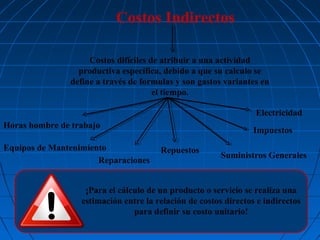 Costos Indirectos
Costos difíciles de atribuir a una actividad
productiva específica, debido a que su calculo se
define a través de formulas y son gastos variantes en
el tiempo.
Electricidad
Horas hombre de trabajo
Equipos de Mantenimiento
Reparaciones

Impuestos
Repuestos

Suministros Generales

¡Para el cálculo de un producto o servicio se realiza una
estimación entre la relación de costos directos e indirectos
para definir su costo unitario!

 
