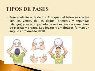  Pase adelante o de dedos: El toque del balón se efectúa 
con las yemas de los dedos (primeras y segundas 
falanges) y va acompañado de una extensión simultánea 
de piernas y brazos. Los brazos y antebrazos forman un 
ángulo aproximado de90 . 
 