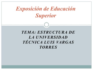 TEMA: ESTRUCTURA DE
LA UNIVERSIDAD
TÉCNICA LUIS VARGAS
TORRES
Exposición de Educación
Superior
 