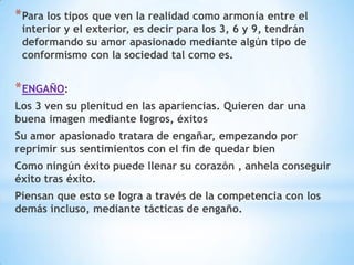 * Para los tipos que ven la realidad como armonía entre el
 interior y el exterior, es decir para los 3, 6 y 9, tendrán
 deformando su amor apasionado mediante algún tipo de
 conformismo con la sociedad tal como es.


* ENGAÑO:
Los 3 ven su plenitud en las apariencias. Quieren dar una
buena imagen mediante logros, éxitos
Su amor apasionado tratara de engañar, empezando por
reprimir sus sentimientos con el fin de quedar bien
Como ningún éxito puede llenar su corazón , anhela conseguir
éxito tras éxito.
Piensan que esto se logra a través de la competencia con los
demás incluso, mediante tácticas de engaño.
 