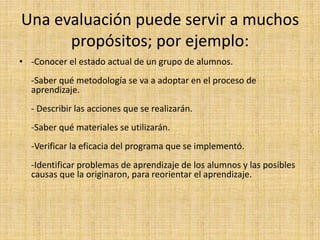Una evaluación puede servir a muchos
propósitos; por ejemplo:
• -Conocer el estado actual de un grupo de alumnos.
-Saber qué metodología se va a adoptar en el proceso de
aprendizaje.
- Describir las acciones que se realizarán.
-Saber qué materiales se utilizarán.
-Verificar la eficacia del programa que se implementó.
-Identificar problemas de aprendizaje de los alumnos y las posibles
causas que la originaron, para reorientar el aprendizaje.
 