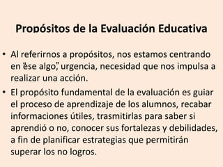 Propósitos de la Evaluación Educativa
• Al referirnos a propósitos, nos estamos centrando
en “ese algo”, urgencia, necesidad que nos impulsa a
realizar una acción.
• El propósito fundamental de la evaluación es guiar
el proceso de aprendizaje de los alumnos, recabar
informaciones útiles, trasmitirlas para saber si
aprendió o no, conocer sus fortalezas y debilidades,
a fin de planificar estrategias que permitirán
superar los no logros.
 