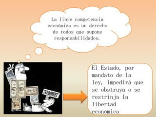 La libre competencia
económica es un derecho
   de todos que supone
   responsabilidades.




                 El Estado, por
                 mandato de la
                 ley, impedirá que
                 se obstruya o se
                 restrinja la
                 libertad
                 económica
 