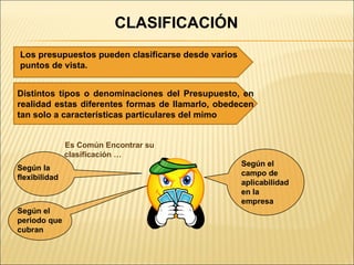 CLASIFICACIÓN Los presupuestos pueden clasificarse desde varios puntos de vista. Es Común Encontrar su clasificación … Distintos tipos o denominaciones del Presupuesto, en realidad estas diferentes formas de llamarlo, obedecen tan solo a características particulares del mimo Según la flexibilidad  Según el periodo que cubran  Según el campo de aplicabilidad en la empresa  