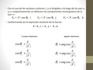 • Con el uso de los vectores unitarios i, j y k dirigidos a lo largo de los ejes x,
y y z respectivamente se obtienen las componentes rectangulares de la
fuerza:
• Conformando así la expresión vectorial de la fuerza: