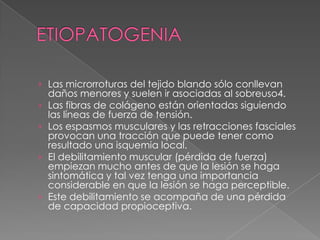 › Las microrroturas del tejido blando sólo conllevan
daños menores y suelen ir asociadas al sobreuso4.
› Las fibras de colágeno están orientadas siguiendo
las líneas de fuerza de tensión.
› Los espasmos musculares y las retracciones fasciales
provocan una tracción que puede tener como
resultado una isquemia local.
› El debilitamiento muscular (pérdida de fuerza)
empiezan mucho antes de que la lesión se haga
sintomática y tal vez tenga una importancia
considerable en que la lesión se haga perceptible.
› Este debilitamiento se acompaña de una pérdida
de capacidad propioceptiva.
 