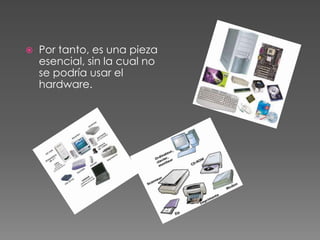 Gestiona los errores de hardware y de el mismo.Controlador de dispositivosPrograma informático que le permite al sistema operativo, interactuar con un periférico, al igual es como un manual de instrucciones que le indica al sistema operativo, cómo debe controlar y comunicarse con un dispositivo en particular. 