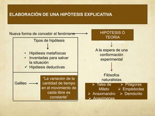 ELABORACIÓN DE UNA HIPÓTESIS EXPLICATIVA
Nueva forma de concebir el fenómeno HIPÓTESIS O
TEORIA
PROVISIONAL
A la espera de una
conformación
experimental
Filósofos
naturalistas
 Tales de
Mileto
 Anaximandro
 Anaxímenes
 Pitágoras
 Empédocles
 Demócrito
Tipos de hipótesis
• Hipótesis metafísicas
• Inventadas para salvar
la situación
 Hipótesis deductivas
Galileo
“La variación de la
cantidad de tiempo
en el movimiento de
caida libre es
constante”
 
