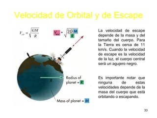 33
Velocidad de Orbital y de Escape
R
GM
Vcir =
La velocidad de escape
depende de la masa y del
tamaño del cuerpo. Para
la...