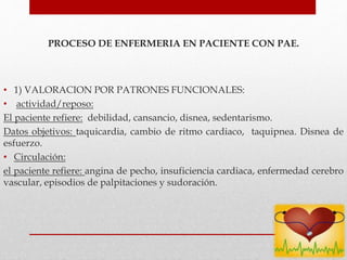 PROCESO DE ENFERMERIA EN PACIENTE CON PAE.
• 1) VALORACION POR PATRONES FUNCIONALES:
• actividad/reposo:
El paciente refiere: debilidad, cansancio, disnea, sedentarismo.
Datos objetivos: taquicardia, cambio de ritmo cardiaco, taquipnea. Disnea de
esfuerzo.
• Circulación:
el paciente refiere: angina de pecho, insuficiencia cardiaca, enfermedad cerebro
vascular, episodios de palpitaciones y sudoración.
 