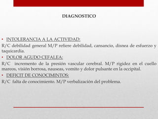DIAGNOSTICO
• INTOLERANCIA A LA ACTIVIDAD:
R/C debilidad general M/P refiere debilidad, cansancio, disnea de esfuerzo y
taquicardia.
• DOLOR AGUDO CEFALEA:
R/C incremento de la presión vascular cerebral. M/P rigidez en el cuello
mareos, visión borrosa, nauseas, vomito y dolor pulsante en la occipital.
• DEFICIT DE CONOCIMINTOS:
R/C falta de conocimiento. M/P verbalización del problema.
 