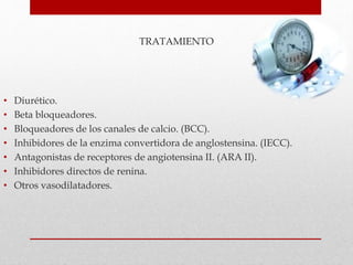 TRATAMIENTO
• Diurético.
• Beta bloqueadores.
• Bloqueadores de los canales de calcio. (BCC).
• Inhibidores de la enzima convertidora de anglostensina. (IECC).
• Antagonistas de receptores de angiotensina II. (ARA II).
• Inhibidores directos de renina.
• Otros vasodilatadores.
 