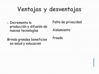    Incrementa la              Falta de privacidad
    producción y difusión de
    nuevas tecnologías         Aislamiento

                               fraudo
Brinda grandes beneficios
 en salud y educacion
 