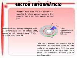 Sector (informática)
Un sector de un disco duro es la sección de la
superficie del mismo que corresponde al área
encerrada entre dos líneas radiales de una
pista.

Pueden almacenar una cantidad fija de bytes,
generalmente suele ser de 0,5 KB hasta 64 KB,
pasando por todas las potencias de 2 (20=1;
21=2; 22=4; 23=8; 24=16; etc.).

(A) Pista
(B) Sector geométrico
(C) Sector de pista
(D) Cluster.

Cada sector almacena una cantidad fija de
información. El formateado típico de este
medio provee espacio para 512 bytes (para
discos magnéticos) ó 2048 bytes (para discos
ópticos) de información accesible para el
usuario por sector.

 
