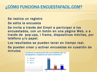  Se realiza un registro
 Se edita la encuesta
 Se invita a través del Email a participar a los
encuestados, con un botón en una página Web, o a
través de pop-ups, i frame, dispositivos móviles, por
teléfono y/o papel.
 Los resultados se pueden tener en tiempo real.
 Se pueden crear y activar encuestas en cuestión de
minutos
 