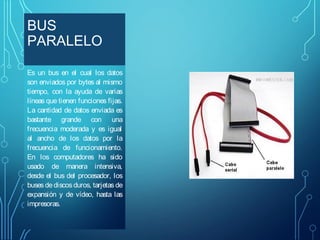 BUS
PARALELO
Es un bus en el cual los datos
son enviados por bytes al mismo
tiempo, con la ayuda de varias
líneas que tienen funciones fijas.
La cantidad de datos enviada es
bastante grande con una
frecuencia moderada y es igual
al ancho de los datos por la
frecuencia de funcionamiento.
En los computadores ha sido
usado de manera intensiva,
desde el bus del procesador, los
buses de discos duros, tarjetas de
expansión y de vídeo, hasta las
impresoras.

 