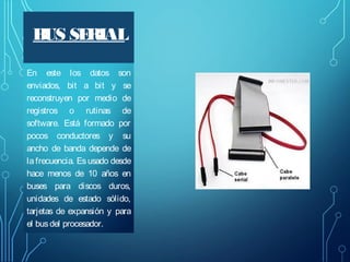 B SE
US RIAL
En este los datos son
enviados, bit a bit y se
reconstruyen por medio de
registros o rutinas de
software. Está formado por
pocos conductores y su
ancho de banda depende de
la frecuencia. Es usado desde
hace menos de 10 años en
buses para discos duros,
unidades de estado sólido,
tarjetas de expansión y para
el bus del procesador.

 