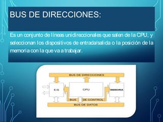 BUS DE DIRECCIONES:
Es un conjunto de líneas unidireccionales que salen de la CPU, y
seleccionan los dispositivos de entrada/salida o la posición de la
memoria con la que va a trabajar.

 