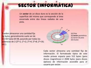 Sector (informática)
Un sector de un disco duro es la sección de la
superficie del mismo que corresponde al área
encerrada entre dos líneas radiales de una
pista.

Pueden almacenar una cantidad fija
de bytes, generalmente suele ser de
0,5 KB hasta 64 KB, pasando por todas las
potencias de 2 (20=1; 21=2; 22=4; 23=8; 24=16;
etc.).

(A) Pista
(B) Sector geométrico
(C) Sector de pista
(D) Cluster.

Cada sector almacena una cantidad fija de
información. El formateado típico de este
medio provee espacio para 512 bytes (para
discos magnéticos) ó 2048 bytes (para discos
ópticos) de información accesible para el
usuario por sector.

 