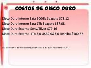 Costos de Disco Duro
Disco Duro Interno Sata 500Gb Seagate $73,12
Disco Duro Interno Sata 1Tb Seagate $87,08
Disco Duro Externo Sony/Silver $79,16
Disco Duro Externo 1Tb 3,0 USB2,0&3,0 Toshiba $100,87

Esta cotización es de Trionica Computación hecha el día 25 de Noviembre del 2013.

 