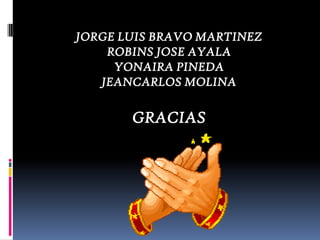 JORGE LUIS BRAVO MARTINEZ
    ROBINS JOSE AYALA
     YONAIRA PINEDA
   JEANCARLOS MOLINA

       GRACIAS
 