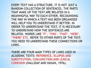 EVERY TEXT HAS A STRUCTURE. IT IS NOT JUST A 
RANDOM COLLECTION OF SENTENCES. THE PARTS 
THAT MAKE UP THE TEXT ARE RELATED IN A 
MEANINGFUL WAY TO EACH OTHER. RECOGNISING 
THE WAY IN WHICH A TEXT HAS BEEN ORGANISED 
WILL HELP YOU TO UNDERSTAND IT BETTER. IN 
ORDER TO UNDERSTAND THE TEXT, IT IS NECESSARY 
TO UNDERSTAND HOW THE SENTENCES ARE 
RELATED. WORDS LIKE "IT", "THIS", "THAT", "HERE", 
"THERE" ETC. REFER TO OTHER PARTS OF THE TEXT. 
YOU NEED TO UNDERSTAND THESE CONNECTIONS OR 
LINKS. 
THERE ARE FOUR MAIN TYPES OF LINKS USED IN 
ACADEMIC TEXTS: REFERENCE, ELLIPSIS AND 
SUBSTITUTION, CONJUNCTION AND LEXICAL 
COHESION (HALLIDAY AND HASAN, 1976). 
 