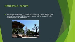 Hermosillo, sonora


Hermosillo is a Mexican city, capital of the state of Sonora, located in the
center of the state to 270 kilometers from the U.S. border and 95 miles
offshore in the Gulf of California.

 