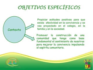 OBJETIVOS ESPECÍFICOS

           Propiciar actitudes positivas para que
           exista afectividad en la convivencia y se
           vea proyectado en el colegio, en la
Contexto   familia y en la sociedad.

           Promover la construcción de una
           comunidad que tenga como base
           fundamental el sentimiento de nosotros
           para mejorar la convivencia impulsando
           el espíritu comunitario.
 