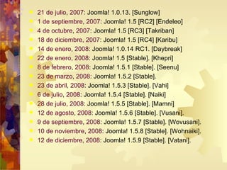 21 de julio ,  2007 : Joomla! 1.0.13. [Sunglow] 1 de septiembre ,  2007 : Joomla! 1.5 [RC2] [Endeleo] 4 de octubre ,  2007 : Joomla! 1.5 [RC3] [Takriban] 18 de diciembre ,  2007 : Joomla! 1.5 [RC4] [Karibu] 14 de enero ,  2008 : Joomla! 1.0.14 RC1. [Daybreak] 22 de enero ,  2008 : Joomla! 1.5 [Stable]. [Khepri] 8 de febrero ,  2008 : Joomla! 1.5.1 [Stable]. [Seenu] 23 de marzo ,  2008 : Joomla! 1.5.2 [Stable]. 23 de abril ,  2008 : Joomla! 1.5.3 [Stable]. [Vahi] 6 de julio ,  2008 : Joomla! 1.5.4 [Stable]. [Naiki] 28 de julio ,  2008 : Joomla! 1.5.5 [Stable]. [Mamni] 12 de agosto ,  2008 : Joomla! 1.5.6 [Stable]. [Vusani]. 9 de septiembre ,  2008 : Joomla! 1.5.7 [Stable]. [Wovusani]. 10 de noviembre ,  2008 : Joomla! 1.5.8 [Stable]. [Wohnaiki]. 12 de diciembre ,  2008 : Joomla! 1.5.9 [Stable]. [Vatani]. 