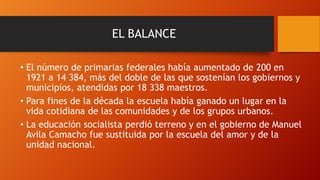 EL BALANCE
• El número de primarias federales había aumentado de 200 en
1921 a 14 384, más del doble de las que sostenían los gobiernos y
municipios, atendidas por 18 338 maestros.
• Para fines de la década la escuela había ganado un lugar en la
vida cotidiana de las comunidades y de los grupos urbanos.
• La educación socialista perdió terreno y en el gobierno de Manuel
Avila Camacho fue sustituida por la escuela del amor y de la
unidad nacional.

 