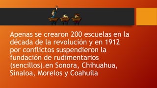 Apenas se crearon 200 escuelas en la
década de la revolución y en 1912
por conflictos suspendieron la
fundación de rudimentarios
(sencillos).en Sonora, Chihuahua,
Sinaloa, Morelos y Coahuila

 