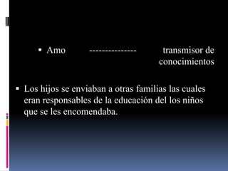 Amo        ---------------     transmisor de
                                      conocimientos

 Los hijos se enviaban a otras familias las cuales
  eran responsables de la educación del los niños
  que se les encomendaba.
 