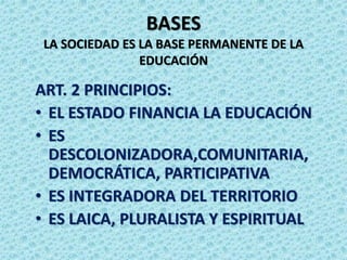 BASES
LA SOCIEDAD ES LA BASE PERMANENTE DE LA
EDUCACIÓN
ART. 2 PRINCIPIOS:
• EL ESTADO FINANCIA LA EDUCACIÓN
• ES
DESCOLONIZADORA,COMUNITARIA,
DEMOCRÁTICA, PARTICIPATIVA
• ES INTEGRADORA DEL TERRITORIO
• ES LAICA, PLURALISTA Y ESPIRITUAL
 