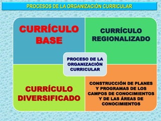 PROCESOS DE LA ORGANIZACIÓN CURRICULAR
CURRÍCULO
BASE
CURRÍCULO
REGIONALIZADO
CURRÍCULO
DIVERSIFICADO
CONSTRUCCIÓN DE PLANES
Y PROGRAMAS DE LOS
CAMPOS DE CONOCIMIENTOS
Y DE LAS ÁREAS DE
CONOCIMIENTOS
PROCESO DE LA
ORGANIZACIÓN
CURRICULAR
 