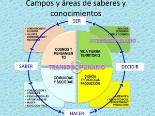 Campos y áreas de saberes y
conocimientos
• COMUNICACIÓN Y
LENGUAJES
• CIENCIAS SOCIALES
• ARTESPLASTICAS
• MUSICA
• EDUCACION FISICA
• MATEMATICA
• ÁREAS TÉCNICAS,
TECNOLÓGICAS Y
PRODUCTIVAS
• COMOVISIONES Y
FILOSOFIA
• VALORES,
ESPIRITUALIDAD Y
RELIGIONES
• BIOLOGIA,
GEOGRAFÍA
• FÍSICA Y QUIMICA
VIDA TIERRA
TERRITORIO
COSMOS Y
PENSAMIEN
TO
COMUNIDAD
Y SOCIEDAD
CIENCIA
TECNOLOGIA
PRODUCCIÓN
SER
DECIDIR
HACER
SABER
 