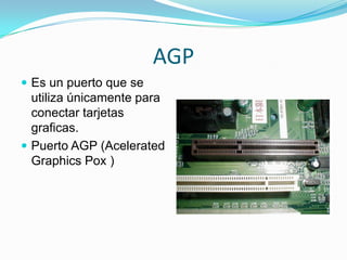 AGP
 Es un puerto que se

utiliza únicamente para
conectar tarjetas
graficas.
 Puerto AGP (Acelerated
Graphics Pox )

 