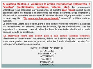 Al sistema afectivo o valorativo lo arman instrumentos valorativos o
“afectos” (sentimientos, actitudes, valores, etc.), las operaciones
valorativas y sus productos las valoraciones. El maestro Jean Piaget planteó que la
cognición pone los medios y la afectividad los fines: el sentido, luego cognición y
afectividad se requieren mutuamente. El sistema afectivo dirige y supervisa todo el
proceso cognitivo. “Sin amor no hay conocimiento” sentenció proféticamente el
maestro.
La afectividad valora para decidir, para lo cual cumple variadas funciones. Establece
las necesidades, los anhelos, define las ilusiones, fija las motivaciones, crea las
angustias, los temores, pues al definir los fines la afectividad decide cómo cada
persona invierte su existencia.
La afectividad valora para decidir, para lo cual cumple variadas funciones.
Establece las necesidades, los anhelos, define las ilusiones, fija las motivaciones,
crea las angustias, los temores, pues al definir los fines la afectividad decide cómo
cada persona invierte su existencia.
                          INSTRUMENTOS AFECTIVOS:
                                EMOCIONES
                               SENTIMIENTOS
                                 ACTITUDES
                                  VALORES
                                 PRINCIPIOS
                                AXIOLOGIA.
 