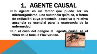1. AGENTE CAUSAL
Un agente es un factor que puede ser un
microorganismo, una sustancia química, o forma
de radiación cuya presencia, excesiva o relativa
ausencia es esencial para la ocurrencia de la
enfermedad.
En el caso del dengue el agente causal es el
virus de la familia Flaviviridae.
 