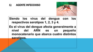 1) AGENTE INFECCIOSO
Siendo los virus del dengue con los
respectivos serotipos 1, 2, 3 y 4.
Es el virus del dengue afecta generalmente a
nivel del ARN es un pequeño
monocatenario que abarca cuatro distintos
serotipos.
 
