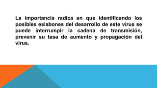 La importancia radica en que identificando los
posibles eslabones del desarrollo de este virus se
puede interrumpir la cadena de transmisión,
prevenir su tasa de aumento y propagación del
virus.
 