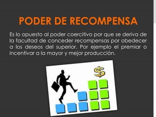 Poder CoercitivoDerivado de la habilidad de una persona para infundir temor en otro individuo. Por ejemplo la de un Jefe a su Subordinado.