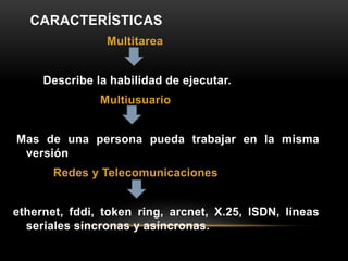 CARACTERÍSTICAS
Multitarea
Describe la habilidad de ejecutar.
Multiusuario
Mas de una persona pueda trabajar en la misma
versión
Redes y Telecomunicaciones
ethernet, fddi, token ring, arcnet, X.25, ISDN, líneas
seriales síncronas y asíncronas.
 