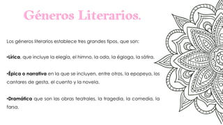 Los géneros literarios establece tres grandes tipos, que son:
•Lírica, que incluye la elegía, el himno, la oda, la égloga, la sátira.
•Épica o narrativa en la que se incluyen, entre otros, la epopeya, los
cantares de gesta, el cuento y la novela.
•Dramática que son las obras teatrales, la tragedia, la comedia, la
farsa.
Géneros Literarios.
Géneros Literarios.
 