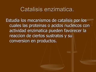 Catalisis enzimatica.  Estudia los mecanismos de catalisis por los cuales las proteinas o acidos nucleicos con actividad enzimatica pueden favorecer la reaccion de ciertos sustratos y su conversion en productos.  