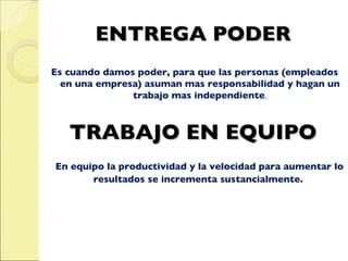 ENTREGA PODER Es cuando damos poder, para que las personas (empleados en una empresa) asuman mas responsabilidad y hagan un trabajo mas independiente . TRABAJO EN EQUIPO En equipo la productividad y la velocidad para aumentar lo resultados se incrementa sustancialmente.  